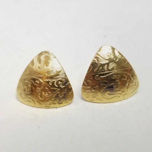 Vintage Gold Tone Triangle Shape Stud Earrings, Retro Swirling Design, Estate - Picture 1 of 6